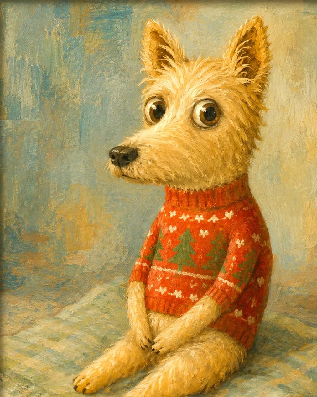 Portrait of a scruffy terrier in a red Christmas sweater, sitting on a blanket and staring wide-eyed
